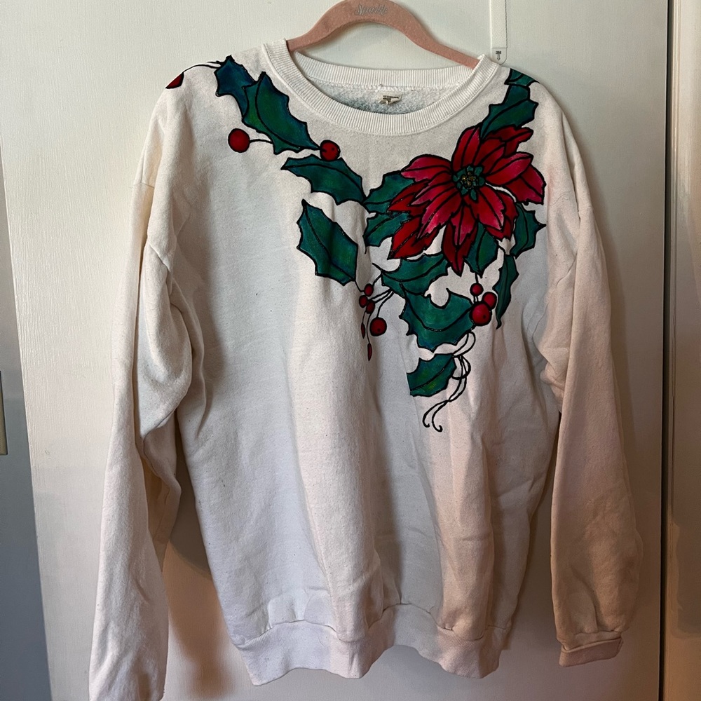 Vintage Poinsetta puff painted Christmas pullover